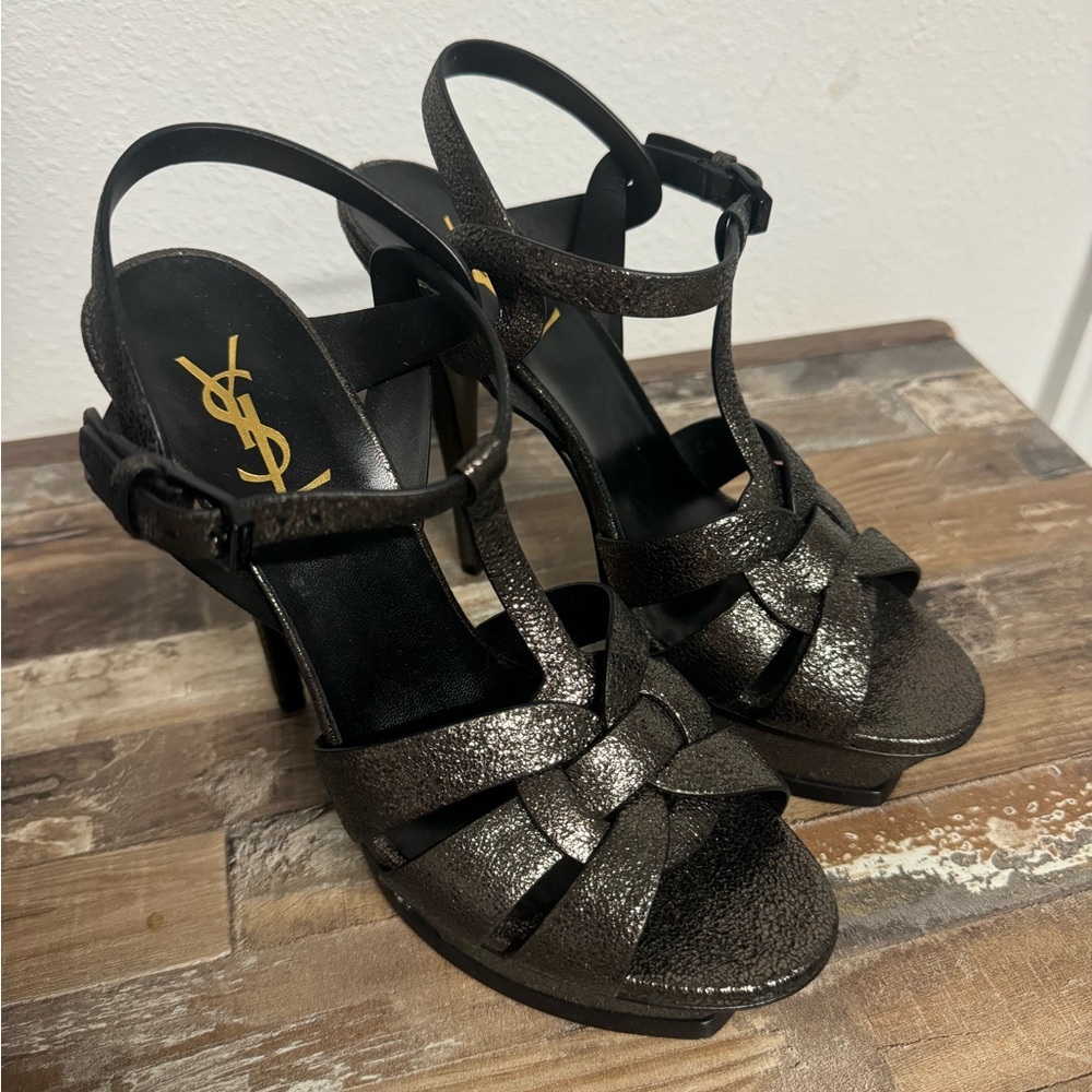 Saint Laurent Metallic Black Strappy Heels